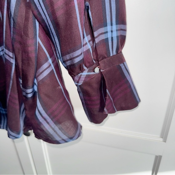 Ann Taylor LOFT Burgundy/Blue Plaid Off-Shoulder Blouse Sz Large - Picture 11 of 12